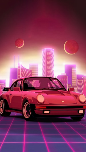 Red Porsche 911 on a Retrowave Grid