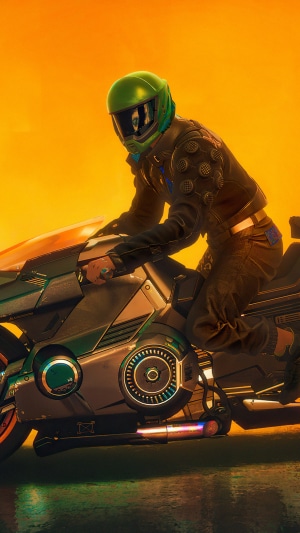 Cyberpunk 2077 biker on a futuristic motorcycle