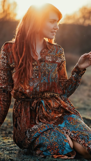 Redhead woman in patterned dress during sunset
