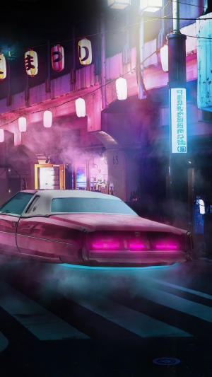 Sci-fi hover car in a neon-lit city at night