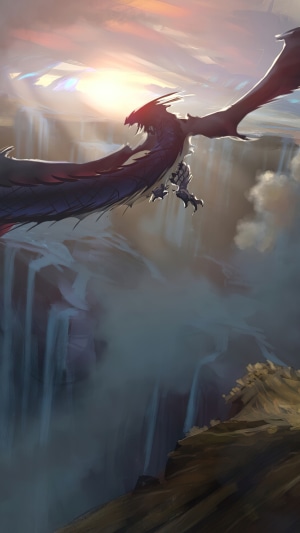 Dragon flying over waterfalls