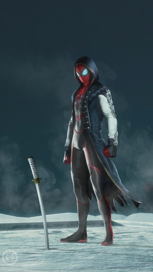 Spider-Man with a sword in a snowy landscape