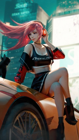 Anime girl with red hair and headphones on a car