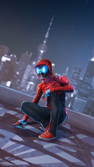 Spider-Man crouching on a rooftop at night