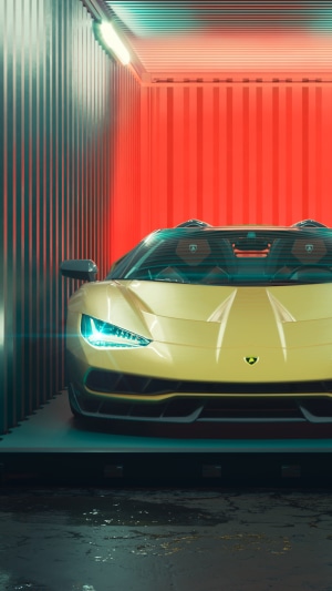 Yellow Lamborghini Centenario in a red and blue container