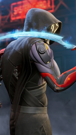 Ghostrunner character with glowing blue sword