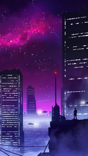 Cyberpunk city skyline with galaxy and lone figure