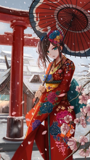 Anime girl in kimono with umbrella in snow