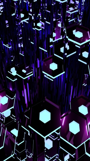 Abstract purple and blue glowing hexagons