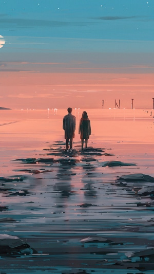 Couple standing on a rocky shore at sunset