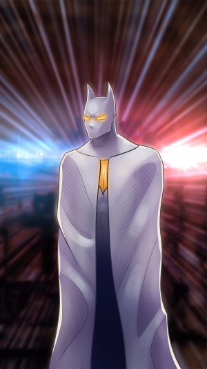 Superhero in a white cape with glowing eyes