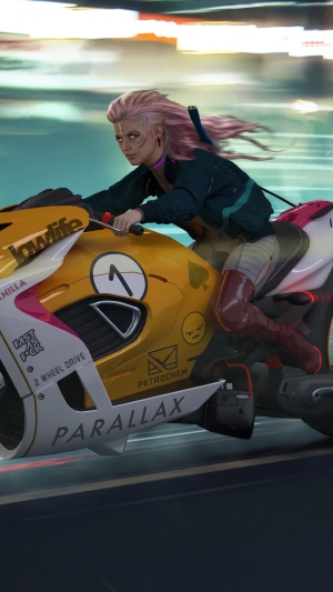 Woman riding a motorcycle in Cyberpunk 2077