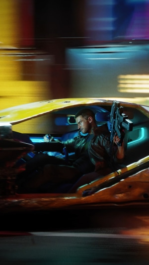Man with gun driving a car in Cyberpunk 2077