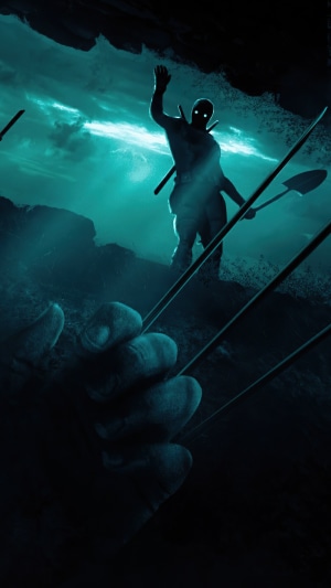 Deadpool artwork with glowing eyes and swords