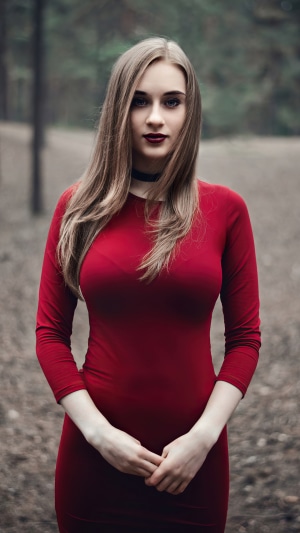 Woman in red dress in forest