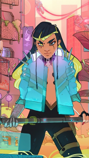 Cyberpunk 2077 character with a weapon