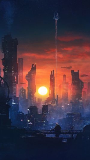 Sci-fi city skyline at sunset with a lone figure