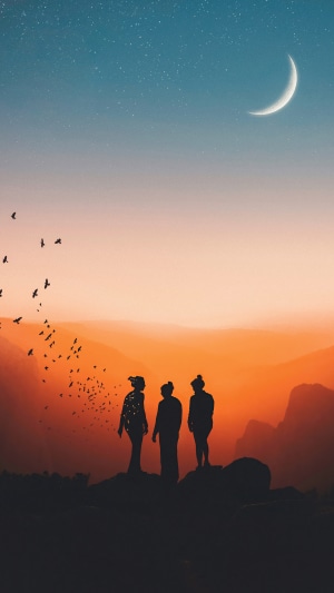 Artwork of three figures and birds at sunset