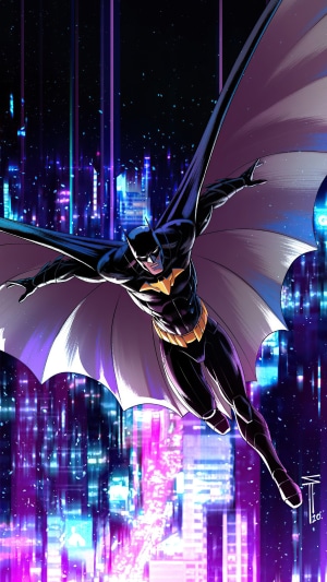 Batman flying over a neon city at night