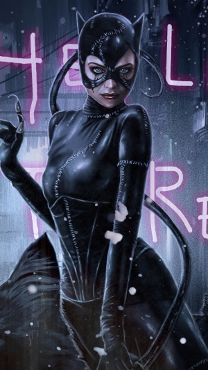 Catwoman artwork with neon signs