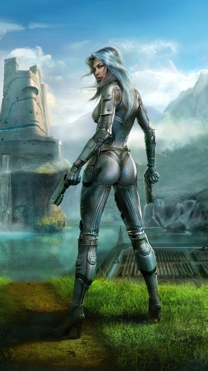 Woman in futuristic armor with guns