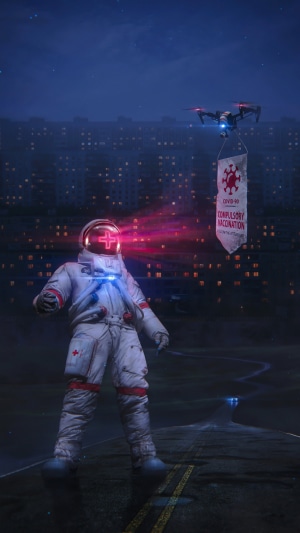 Astronaut with COVID-19 compulsory vaccination banner in city at night