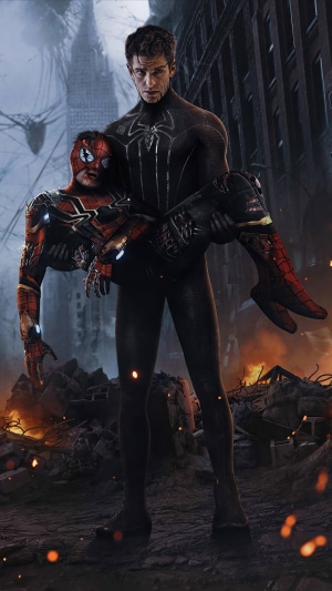 Spider-Man from Marvel carrying an injured Spider-Man