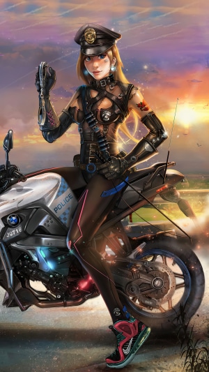 Cyberpunk police woman on a motorcycle