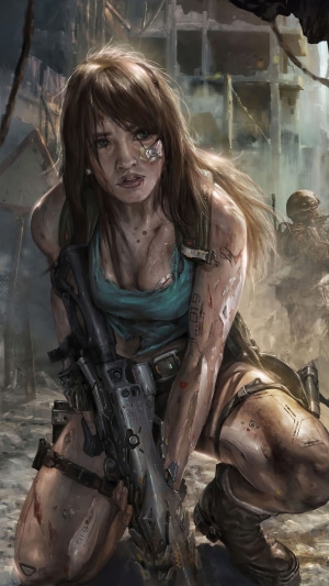 Warrior with rifle in ruined city