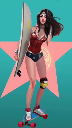 Wonder Woman with surfboard on a skateboard