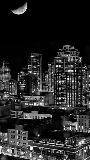 Monochrome cityscape with moon at night