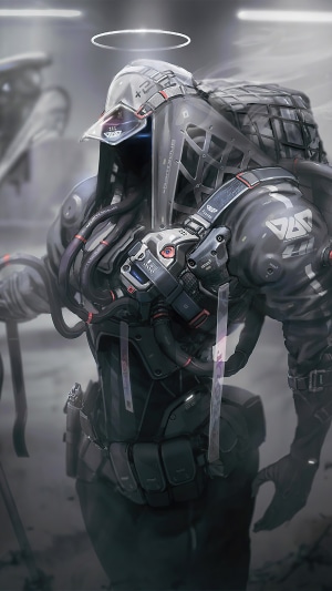 Robot with halo and backpack
