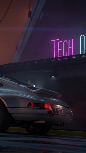 Porsche 911 artwork with neon sign