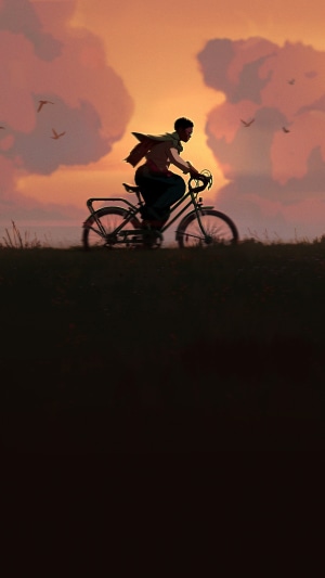 Person riding a bicycle at sunset