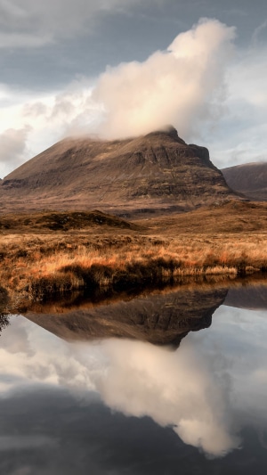 Mountain reflection in water with clouds