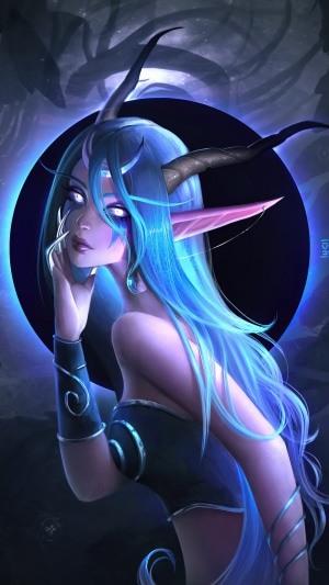 Fantasy Elf Girl with Blue Hair and Horns 4K