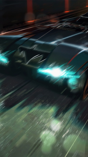 The Batmobile driving at night