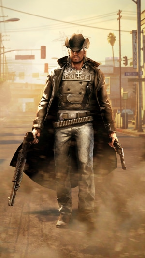 Man in cowboy hat and trench coat with police vest and guns