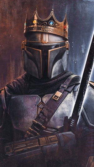 The Mandalorian wearing a crown from Star Wars