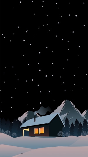 Digital art illustration of a snowy cabin at night