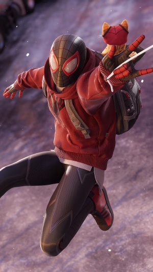 Spider-Man Miles Morales with a cat on his back