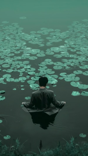 Man meditating in a lake with lily pads