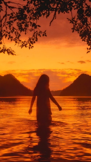Girl wading in lake at sunset, mountains and trees