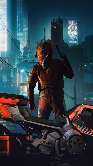 Cyberpunk 2077 character with motorcycle in neon city