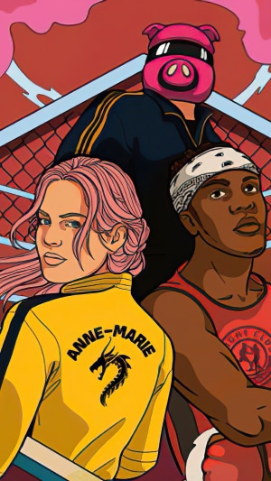Anne-Marie and KSI with a person in a pig mask