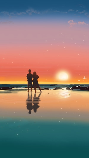 Couple on a beach at sunset, digital art