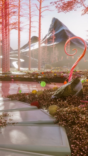 Candy forest with mountains and river