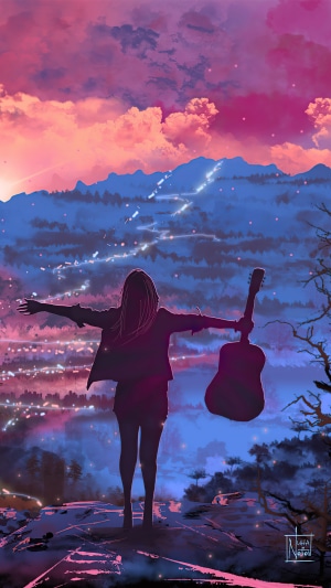 Girl with guitar overlooking a city at dusk