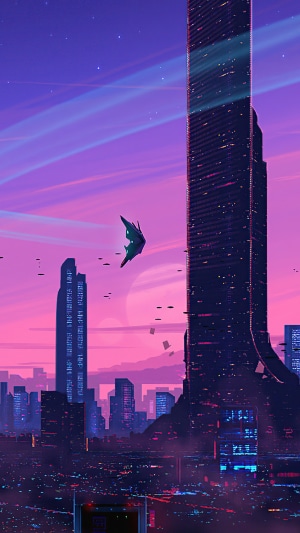 Sci-fi cityscape with futuristic skyscrapers and flying vehicles