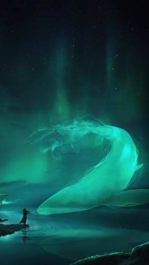 Fantasy artwork of a person playing music with a glowing whale